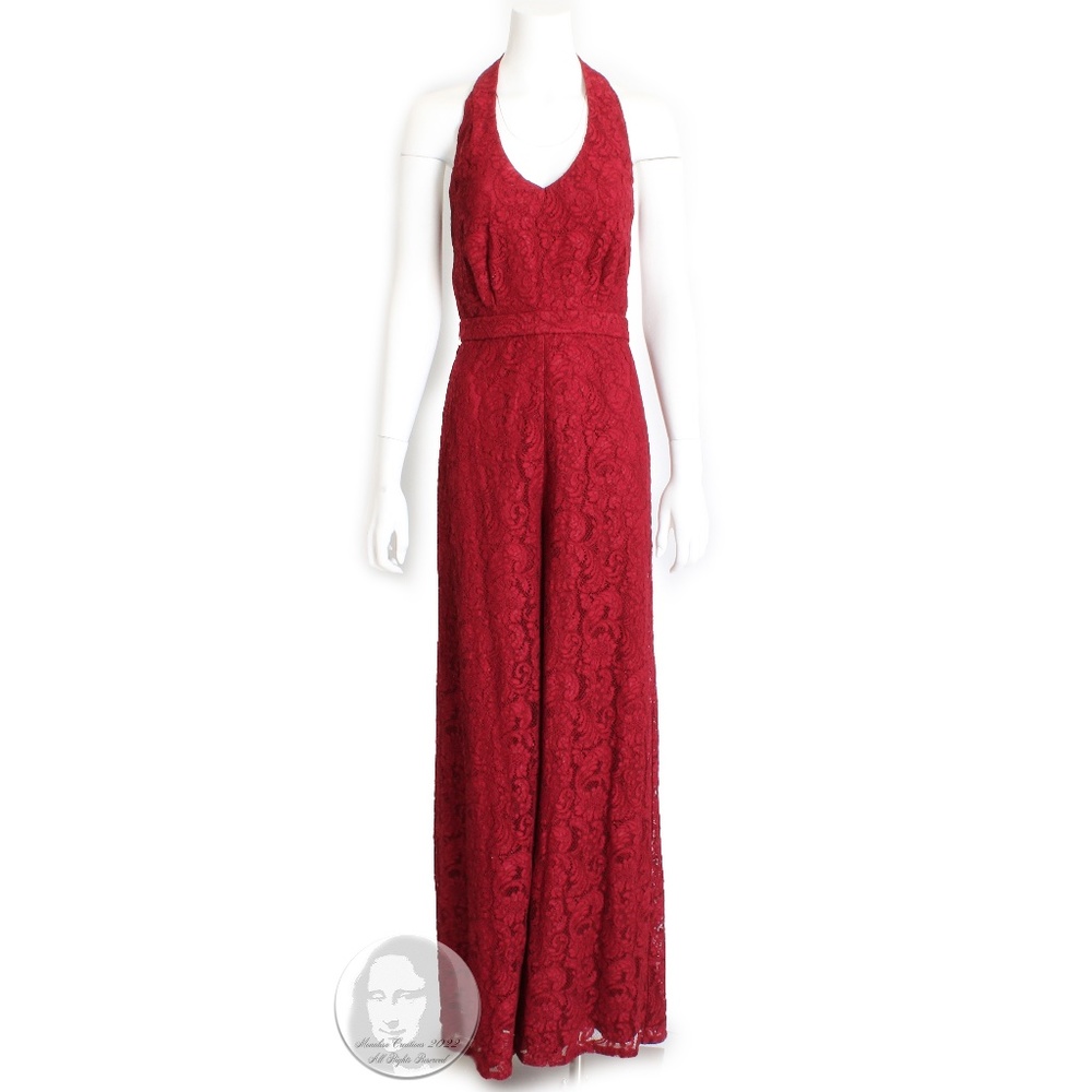 Halter Jumpsuit Wide Leg Pants Red Lace with Belt by Pamella Roland Size 8